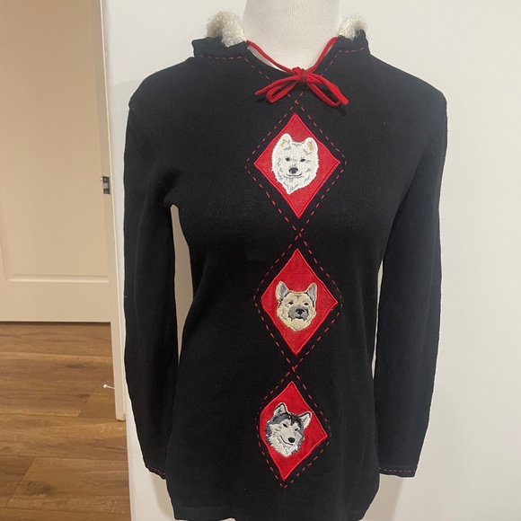 Storybook Knits Northern Friends Husky Samoyed XS S Black and Red Sweater Hoodie - Picture 3 of 7